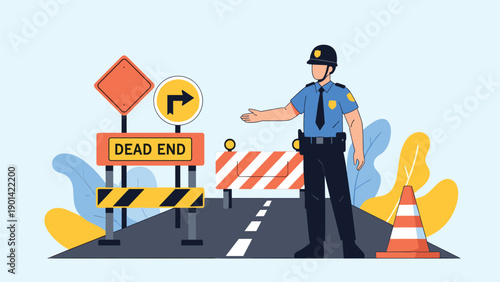 Police officer directing traffic near a dead end sign and road barriers, symbolizing road safety, law enforcement, and traffic management.