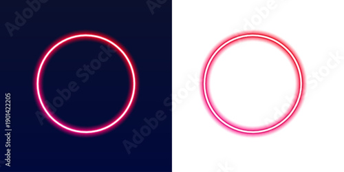 Glowing neon circle frame shines on a deep black background. Smooth gradient lines blend blue, pink, and violet tones. Futuristic abstract border with empty space for text. PNG