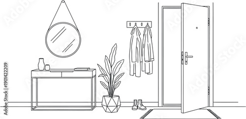 Minimalist line art drawing depicting a clean and organized entryway or hallway featuring a console table a round mirror and hanging coats near an open modern door