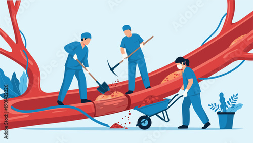 Medical team diligently clearing blockages from a clogged artery, symbolizing cardiovascular health, surgical intervention, and medical treatment.