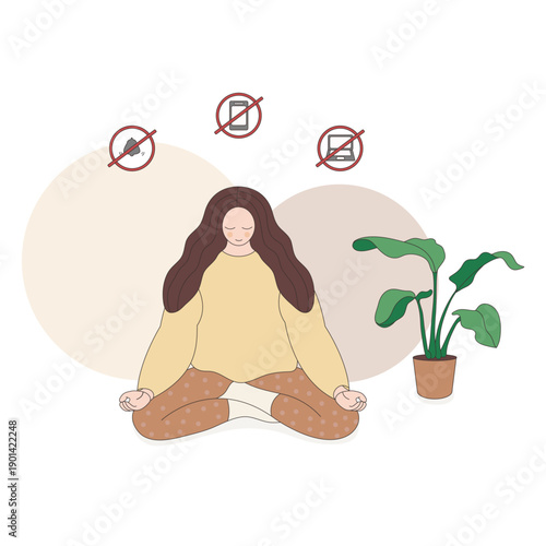 Woman meditating and practicing digital detox, turning off phone, laptop and notifications to relax, reduce screen time and improve mental health