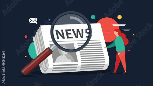 Woman reading a large newspaper with a magnifying glass, symbolizing news consumption, information seeking, and media literacy.