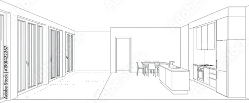 Architectural line drawing depicts a modern open concept interior space featuring a contemporary kitchen area adjacent to a dining set and large glass doors leading outside.