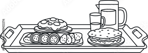 Black and white line art illustration of a breakfast tray featuring pancakes, sliced food items, a glass, and a pitcher for room service delivery or morning meal preparation concept.