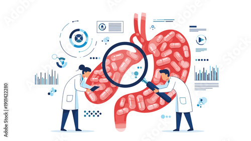 Doctors examining a stomach filled with pills using a magnifying glass, symbolizing pharmaceutical research, medical treatment, and digestive health.