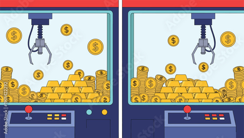 Claw machine filled with gold bars and dollar coins, symbolizing investment, financial game, wealth acquisition, and speculative opportunities.