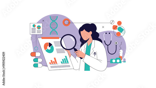 Woman doctor meticulously analyzing medical data and charts with a magnifying glass, symbolizing medical research, diagnostics, and scientific discovery.