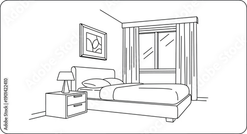Simple line art drawing depicting a modern bedroom interior featuring a cozy bed nightstand with lamp window and framed wall art perfect for coloring pages or design concepts.