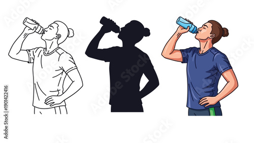 Set of three illustrations of a person drinking water from a bottle line art, silhouette and full color cartoon style