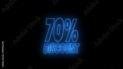 Blue neon 70 discount text animation on a black background. 4k animated typography ideal for promoting sales, retail offers, discounts, and marketing campaigns. 