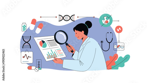 Woman doctor meticulously analyzing medical documents and charts with a magnifying glass, symbolizing medical research, diagnostics, and scientific discovery.