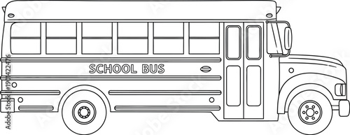 Black and white line art illustration of a classic american school bus side view ready for coloring activities and educational print materials design.