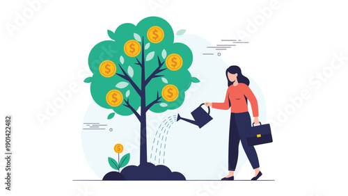 Woman watering a money tree with dollar coins, symbolizing financial growth, investment, wealth management, and long-term prosperity.