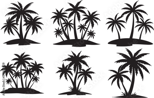 Tropical Paradise Silhouettes: A collection of stylized silhouette palm trees, each showcasing the iconic tropical aesthetic. Perfect for evoking the feeling of an island paradise.