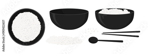 Rice in a bowl with chopsticks and spoon. Flat vector illustration, top view. Cartoon food icon set isolated on white background