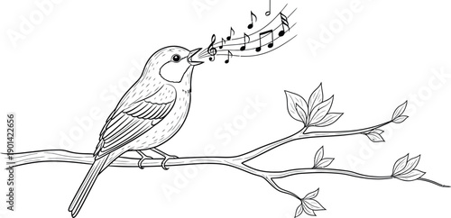 Simple black and white line art drawing illustrating a small songbird perched upon a blossoming tree branch cheerfully singing musical notes into the open air.
