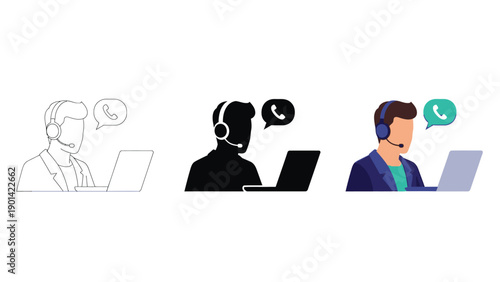 Customer support agent with headset working laptop in three styles outline, silhouette and color illustration
