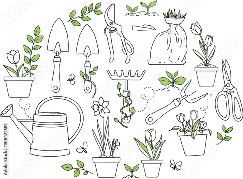 Lovely collection of line art garden tools and potted spring plants arranged in a circular design ideal for seasonal decoration and horticulture themes