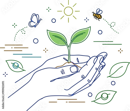 Gentle cupped hands delicately nurture a vibrant green seedling symbolizing the critical importance of environmental conservation, sustainable growth, and protecting nature's delicate balance.