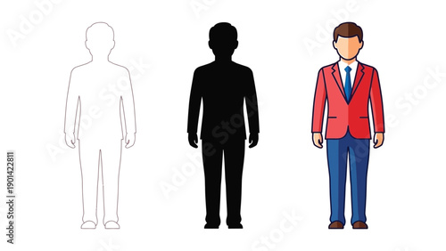 Businessman figure variations outline, silhouette and full color illustration of a man in a suit