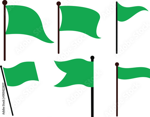 Green Flags of Progress: A set of vibrant green flags, each gracefully fluttering in the wind, symbolizing progress and forward movement.