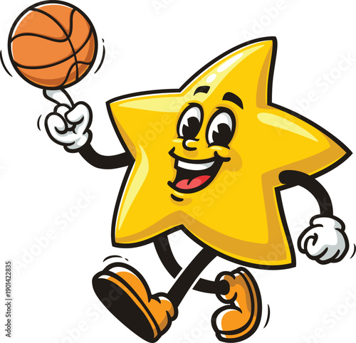 Cartoon star mascot playing basketball