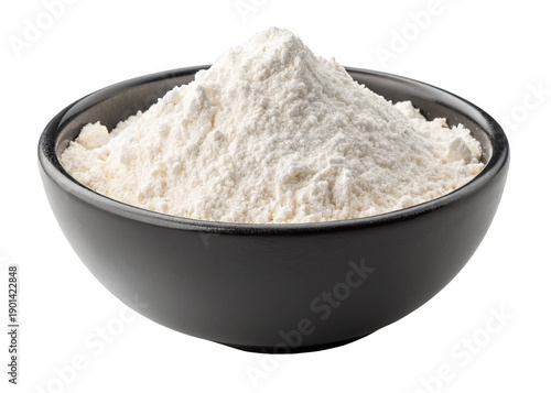 white flour in a black ceramic bowl isolated on a transparent background.