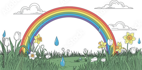 Vibrant rainbow arches over a lush springtime meadow filled with blooming tulips and daffodils while gentle raindrops fall onto the green grass below