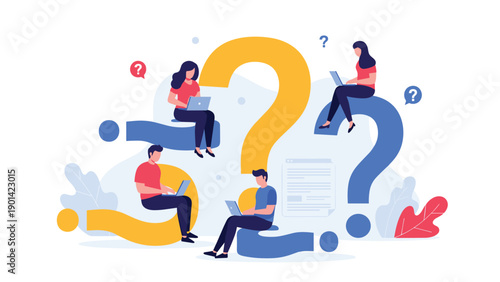 People working on laptops while sitting on giant question marks, symbolizing problem solving, seeking answers, critical thinking, and collaborative inquiry.
