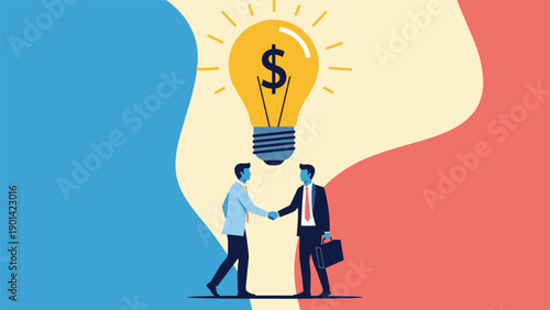 Two businessmen shaking hands under a giant lightbulb with a dollar sign inside, symbolizing business ideas, financial partnership, and innovative investment.