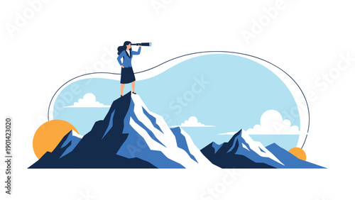 Businesswoman standing on a mountain peak, looking through a telescope, symbolizing leadership, vision, ambition, goal achievement, and strategic foresight.