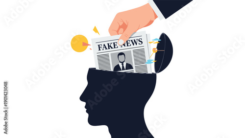 Hand inserting "FAKE NEWS" newspapers into an open human head, symbolizing misinformation, brainwashing, propaganda, and mental manipulation tactics.