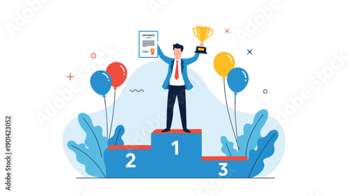 Businessman standing on a winner's podium with a trophy and certificate, surrounded by balloons, symbolizing success, achievement, victory, and recognition.