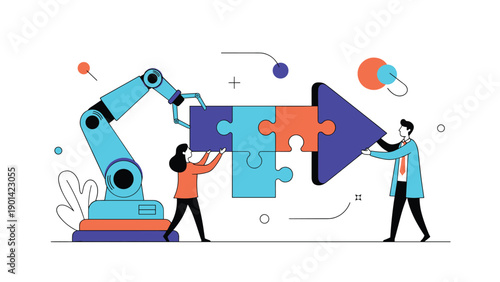 Robotic arm assisting a man and woman in assembling a giant arrow from puzzle pieces, symbolizing automation, teamwork, business strategy, and progress.