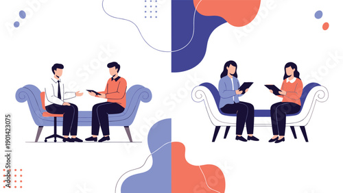 Two separate illustrations of people having conversations on sofas, symbolizing therapy, counseling, interviews, discussion, and effective communication.