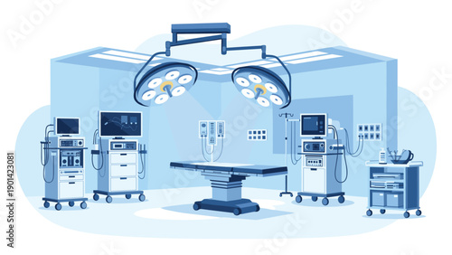 Empty operating room with surgical lights and advanced medical equipment, illustrating a modern healthcare facility, surgery, and medical technology.