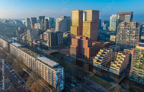 Zuidas financial district of Amsterdam known for its futuristic architecture, aerial skyline view