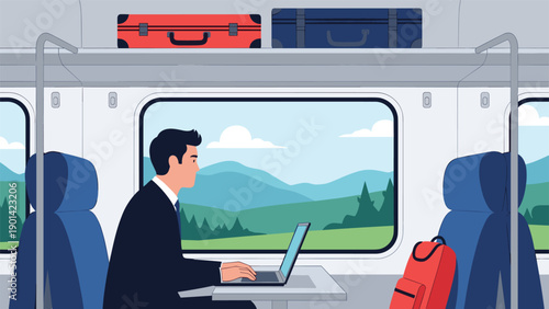 Businessman working on laptop computer while traveling by train, illustrating remote work, business trip productivity, and digital nomad lifestyle.
