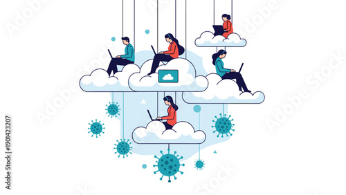 People working remotely on laptops in a cloud computing environment amidst virus particles, symbolizing productivity during the global pandemic.