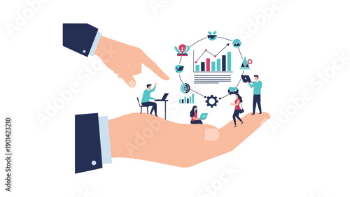 Large hand supporting small business professionals working with data analysis and growth charts, symbolizing management, teamwork, and business support.