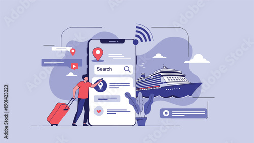 Man using a mobile application to search and book a cruise ship vacation, illustrating digital travel planning and convenient online booking services.