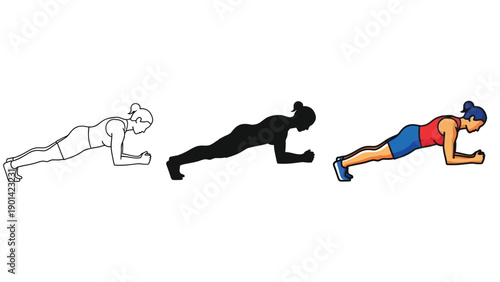 Set of three illustrations of a woman performing a forearm plank exercise outline, silhouette and full color version