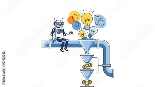 Robot on a pipeline with funnels converting lightbulb ideas into money, symbolizing automated innovation, monetization, and artificial intelligence in business.