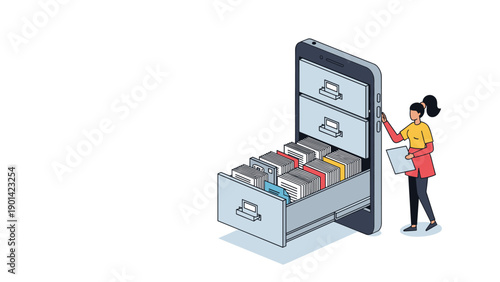 Woman managing digital files and documents in a large smartphone acting as a filing cabinet, illustrating mobile data storage and digital archiving solutions.