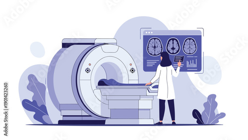 Female doctor operating an MRI machine and analyzing brain scans on a digital screen, illustrating medical imaging technology and neurological diagnostics.