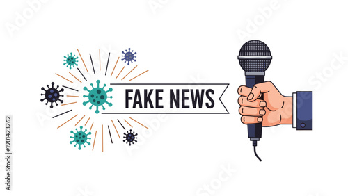 Hand holding a microphone with a "FAKE NEWS" banner amidst virus particles, symbolizing the spread of misinformation during a global pandemic.