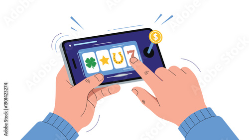 Hands holding a smartphone displaying an online slot machine game with lucky symbols, illustrating mobile gaming, digital gambling, and virtual casino apps.