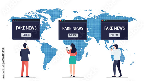 People across the globe deleting "FAKE NEWS" pop-ups on their smartphones, symbolizing the fight against misinformation and global media literacy efforts.