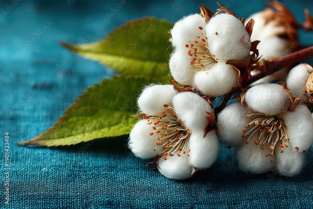 Obraz premium White cotton flowers on blue fabric create fresh, cozy spring mood and natural beauty.