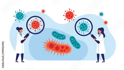 Two female scientists examining various viruses and bacteria with magnifying glasses, illustrating microbiology research, virology, and disease study.